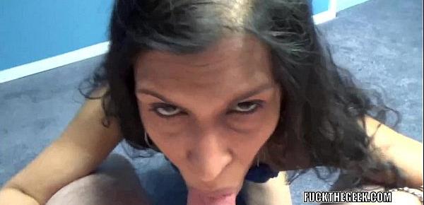  Petite MILF Naomi Shah is on her knees for a POV blowjob